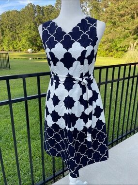 Talbots Navy and White Scallop-Print Tie-Waist Midi Dress